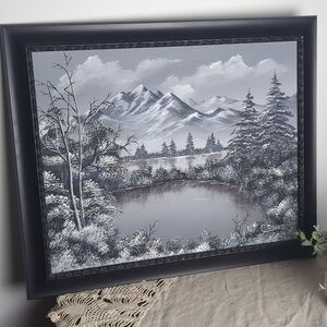 Moody Monochrome Mountain Landscape Art Framed Black & White Wall Decor